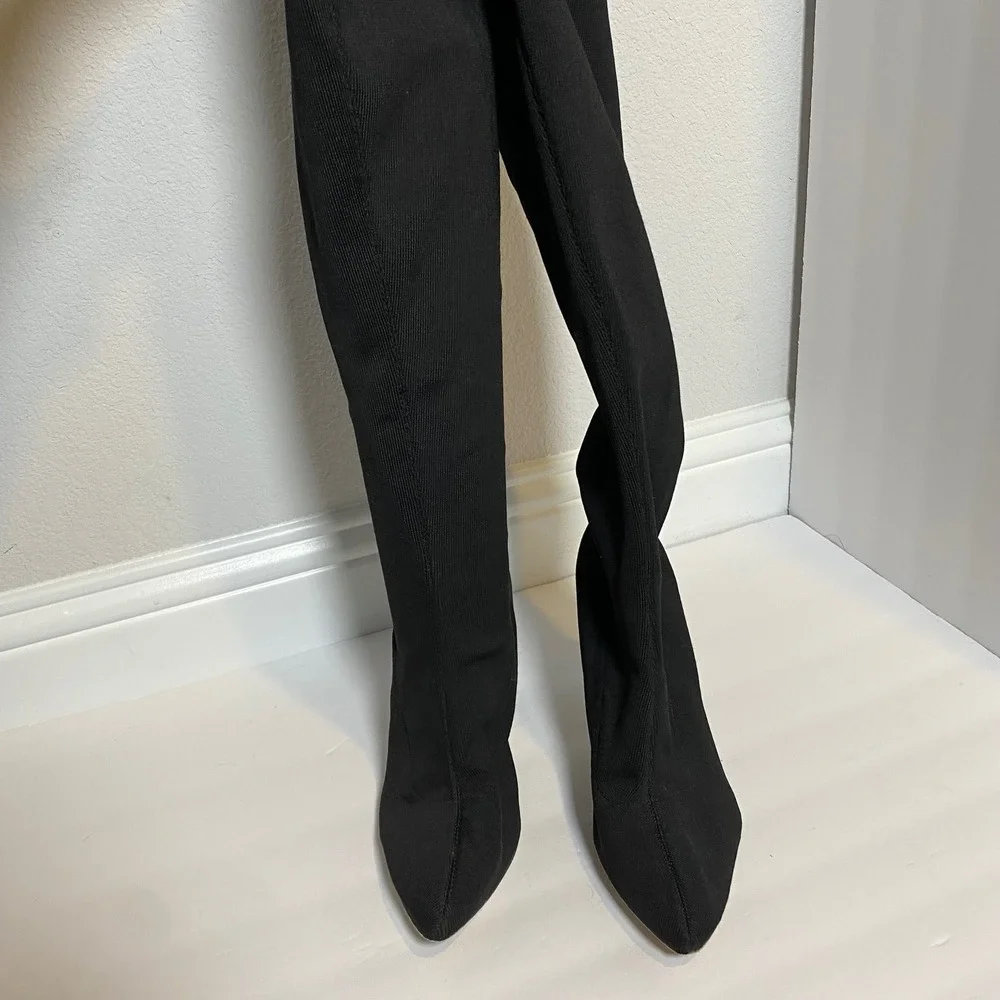 The Fix Black Knit Thigh High Boots Pointed Toe‎ Block Heel Size 9.5 Minimalist